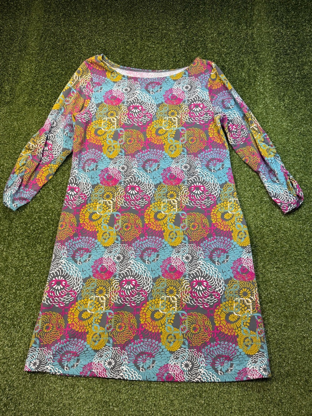 Soybu Colorful Geometric 1/2 Sleeve Ruched Athleisure Casual Stretch‎ Dress Lg